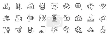 Illustration for Icons pack as Parcel shipping, Home and Full rotation line icons for app include International delivery, Reject, Smartphone notification outline thin icon web set. Wifi, Data analysis. Vector - Royalty Free Image