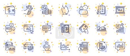 Illustration for Outline set of Dollar wallet, Kpi and Vacancy line icons for web app. Include Bid offer, Wallet, Finance calculator pictogram icons. Infochart, Fraud, Analytical chat signs. Stress. Vector - Royalty Free Image