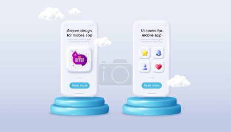 Illustration for Hot offer banner. Phone mockup on podium. Product offer 3d pedestal. Discount sticker shape. Coupon tag icon. Background with 3d clouds. Hot offer promotion message. Vector - Royalty Free Image
