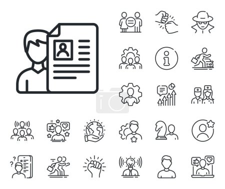 Illustration for CV documents or Portfolio sign. Specialist, doctor and job competition outline icons. Business recruitment line icon. Job interview line sign. Avatar placeholder, spy headshot icon. Vector - Royalty Free Image