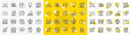 Illustration for Outline Discounts app, Clown and Puzzle line icons pack for web with Love award, Ice cream, True love line icon. Waves, Handbag, Bike path pictogram icon. Journey, Baggage scales. Vector - Royalty Free Image