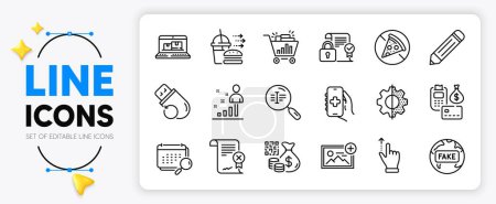 Illustration for Pencil, Touchscreen gesture and Web inventory line icons set for app include Security contract, Flash memory, Fake news outline thin icon. Calendar, Transform, Stats pictogram icon. Vector - Royalty Free Image