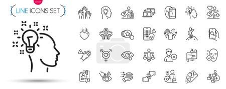 Illustration for Pack of Remove account, Health skin and Hold heart line icons. Include Click hands, Travel delay, Hold t-shirt pictogram icons. Employee, Food delivery, Idea signs. Face biometrics. Vector - Royalty Free Image