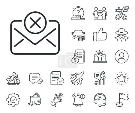 Illustration for Delete message sign. Salaryman, gender equality and alert bell outline icons. Reject mail line icon. Decline web letter. Reject mail line sign. Spy or profile placeholder icon. Vector - Royalty Free Image