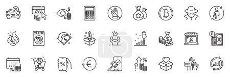 Illustration for Icons pack as Annual tax, Loyalty points and Exchange currency line icons for app include Money, Bitcoin graph, Market seller outline thin icon web set. Cvv code, Bitcoin, Donation pictogram. Vector - Royalty Free Image