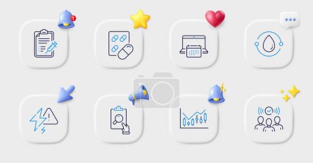 Illustration for Inspect, Squad and Cold-pressed oil line icons. Buttons with 3d bell, chat speech, cursor. Pack of Capsule pill, Calendar, Lightning bolt icon. Vaccine report, Financial diagram pictogram. Vector - Royalty Free Image