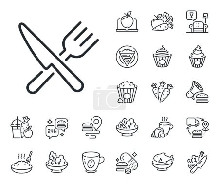 Illustration for Cutlery sign. Crepe, sweet popcorn and salad outline icons. Food line icon. Fork, knife symbol. Food line sign. Pasta spaghetti, fresh juice icon. Supply chain. Vector - Royalty Free Image