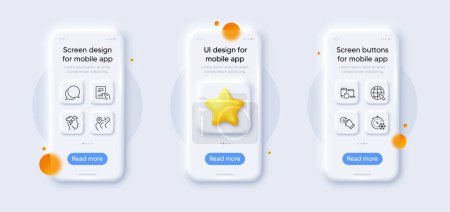 Illustration for Recovery devices, Freezing timer and Chat message line icons pack. 3d phone mockups with star. Glass smartphone screen. Mindfulness stress, Document, Rotation gesture web icon. Vector - Royalty Free Image