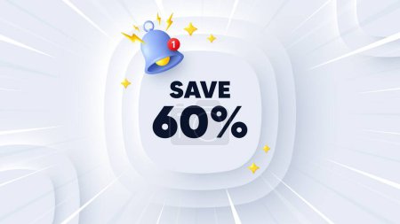Illustration for Save 60 percent off tag. Neumorphic banner with sunburst. Sale Discount offer price sign. Special offer symbol. Discount message. Banner with 3d reminder bell. Circular neumorphic template. Vector - Royalty Free Image