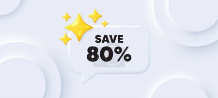 Illustration for Save 80 percent off tag. Neumorphic background with chat speech bubble. Sale Discount offer price sign. Special offer symbol. Discount speech message. Banner with 3d stars. Vector - Royalty Free Image