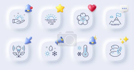 Illustration for Incubator, Mountain flag and Pillow line icons. Buttons with 3d bell, chat speech, cursor. Pack of Weather thermometer, Weather, Natural linen icon. Sunrise pictogram. For web app, printing. Vector - Royalty Free Image