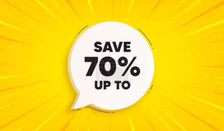 Illustration for Save up to 70 percent tag. Speech bubble sunburst banner. Discount Sale offer price sign. Special offer symbol. Discount chat speech message. Yellow sun burst background. Vector - Royalty Free Image