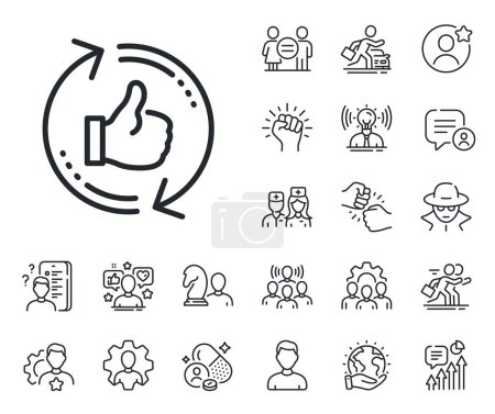 Illustration for Thumbs up sign. Specialist, doctor and job competition outline icons. Refresh like line icon. Positive feedback symbol. Refresh like line sign. Avatar placeholder, spy headshot icon. Vector - Royalty Free Image