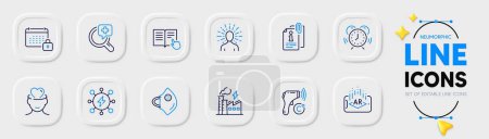 Illustration for Mental health, Yoga and Medical mask line icons for web app. Pack of Read instruction, Power, Electricity factory pictogram icons. Calendar, Attached info, Electronic thermometer signs. Vector - Royalty Free Image