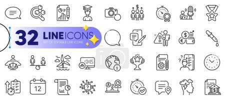 Illustration for Outline set of Report statistics, Survey and Winner ribbon line icons for web with Internet, Documentation, Recovery photo thin icon. Report, Student, Mindfulness stress pictogram icon. Vector - Royalty Free Image