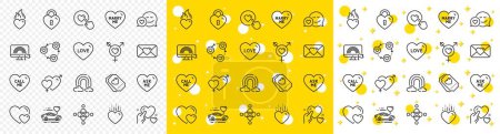Illustration for Outline Valentine, Genders and Honeymoon travel line icons pack for web with Hold heart, Heart, Rainbow line icon. Inclusion, Hearts, Like button pictogram icon. Friends community. Vector - Royalty Free Image