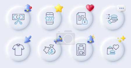 Illustration for Piggy bank, Star and Lock line icons. Buttons with 3d bell, chat speech, cursor. Pack of Food delivery, Cut tax, Food donation icon. T-shirt, Coffee maker pictogram. For web app, printing. Vector - Royalty Free Image