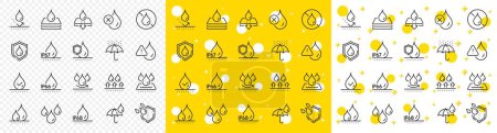 Illustration for Durable fabric surface, ip68 protection and moisture proof. Waterproof line icons. Water repellent, ip67 defense and rain line icons. Flooding, waterproof fabric and water resistant. Vector - Royalty Free Image