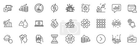 Illustration for Icons pack as Music, Timer and Mindfulness stress line icons for app include 48 hours, Medical help, Cogwheel outline thin icon web set. Euro rate, Notification, Food app pictogram. Vector - Royalty Free Image
