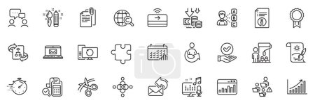 Illustration for Icons pack as Recovery computer, E-mail and Approved checkbox line icons for app include Teamwork, Timer, People chatting outline thin icon web set. Puzzle, Graph chart, Reward pictogram. Vector - Royalty Free Image
