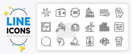 Illustration for Idea, Crane claw machine and Bike line icons set for app include Takeaway coffee, Disaster, Baggage belt outline thin icon. Window, Full rotation, Depression treatment pictogram icon. Vector - Royalty Free Image
