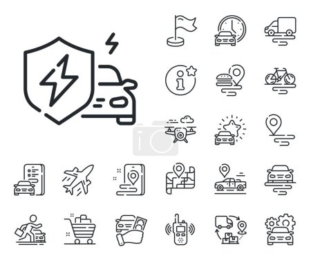 Illustration for EV vehicle charge sign. Plane, supply chain and place location outline icons. Car charging line icon. Electric power shield symbol. Car charging line sign. Taxi transport, rent a bike icon. Vector - Royalty Free Image
