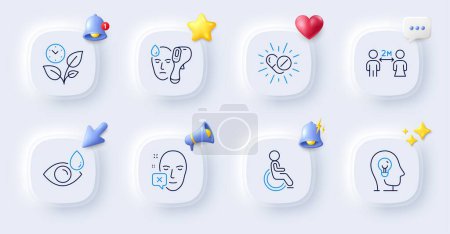 Illustration for Social distancing, Disability and Eye drops line icons. Buttons with 3d bell, chat speech, cursor. Pack of Face declined, Electronic thermometer, Medical drugs icon. Vector - Royalty Free Image