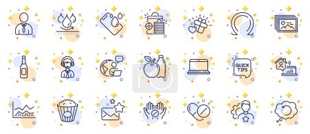 Illustration for Outline set of Outsource work, Waterproof and Apple line icons for web app. Include Quick tips, Recovery data, Seo shopping pictogram icons. Shipping support, Popcorn, Human signs. Omega. Vector - Royalty Free Image