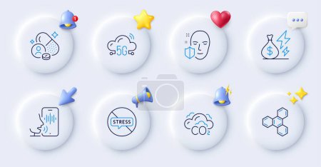 Illustration for Face protection, Voicemail and Chemical formula line icons. Buttons with 3d bell, chat speech, cursor. Pack of Stop stress, Co2, Electricity price icon. Vitamin, 5g cloud pictogram. Vector - Royalty Free Image