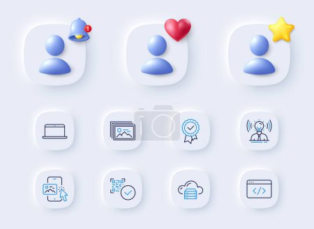 Illustration for Brand, Phone image and Laptop line icons. Placeholder with 3d bell, star, heart. Pack of Cloud server, Qr code, Tested stamp icon. Image gallery, Seo script pictogram. For web app, printing. Vector - Royalty Free Image