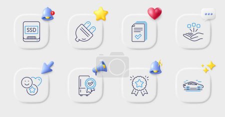Illustration for Consolidation, Ssd and Smile line icons. Buttons with 3d bell, chat speech, cursor. Pack of Car, Certified refrigerator, Handout icon. Electric plug, Ranking star pictogram. Vector - Royalty Free Image
