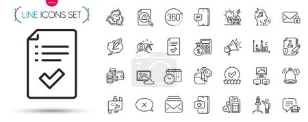 Illustration for Pack of Megaphone, Voicemail and 360 degrees line icons. Include Calendar time, Work home, Finance calculator pictogram icons. Mail, Reject, Search document signs. Recycle, Headset. Vector - Royalty Free Image
