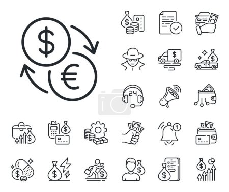Illustration for Dollar to Euro money sign. Cash money, loan and mortgage outline icons. Currency exchange line icon. Convert currency symbol. Currency exchange line sign. Credit card, crypto wallet icon. Vector - Royalty Free Image