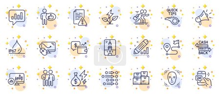 Illustration for Outline set of Megaphone, 24h service and Cashback card line icons for web app. Include Crane claw machine, Candlestick chart, Like pictogram icons. Instruction manual, Face detection. Vector - Royalty Free Image