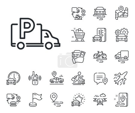Illustration for Car park sign. Plane, supply chain and place location outline icons. Truck parking line icon. Transport place symbol. Truck parking line sign. Taxi transport, rent a bike icon. Travel map. Vector - Royalty Free Image