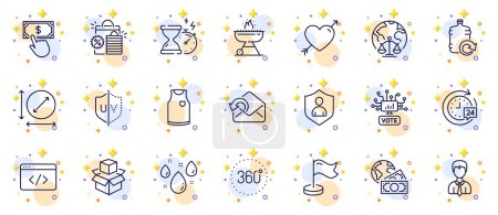 Illustration for Outline set of Packing boxes, Shopping bags and Global business line icons for web app. Include Seo script, Love, 360 degrees pictogram icons. Milestone, Hourglass timer, Security signs. Vector - Royalty Free Image