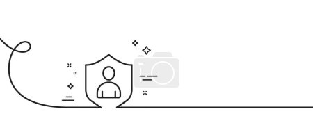 Illustration for User Protection line icon. Continuous one line with curl. Profile Avatar with shield sign. Person silhouette symbol. Security single outline ribbon. Loop curve pattern. Vector - Royalty Free Image
