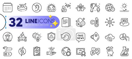 Illustration for Outline set of Time management, Copy documents and Bromine mineral line icons for web with Attention, No hearing, Antistatic thin icon. Recovery data, Disaster, 360 degrees pictogram icon. Vector - Royalty Free Image