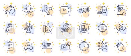 Illustration for Outline set of Timer, Ranking stars and Certificate line icons for web app. Include Online documentation, Calculator target, Hydroelectricity pictogram icons. Payment exchange, Trophy. Vector - Royalty Free Image