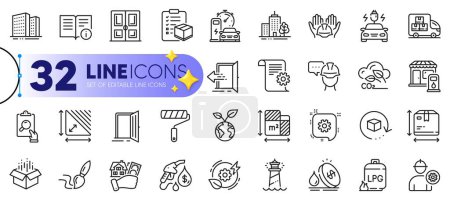 Illustration for Outline set of Buying house, Petrol station and Brush line icons for web with Buildings, Technical documentation, Floor plan thin icon. Builders union, Car charging. Vector - Royalty Free Image