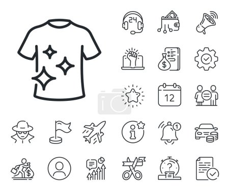 Illustration for Laundry shirt sign. Salaryman, gender equality and alert bell outline icons. Clean t-shirt line icon. Clothing cleaner symbol. Clean t-shirt line sign. Spy or profile placeholder icon. Vector - Royalty Free Image