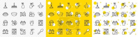 Illustration for Outline Dry t-shirt, Clean hands and Sponge line icons pack for web with Dryer machine, Cleaning mop, Washing machine line icon. Dont touch, Hand sanitizer, Cleaning liquids pictogram icon. Vector - Royalty Free Image