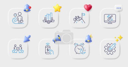 Illustration for Alarm, Teamwork chart and Cogwheel line icons. Buttons with 3d bell, chat speech, cursor. Pack of Security agency, Repair, Mountain bike icon. Phone payment, Employee pictogram. Vector - Royalty Free Image