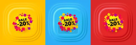 Illustration for Sale 20 percent off banner. Neumorphic offer banner, flyer or poster. Discount sticker shape. Coupon bubble icon. Sale 20 percent promo event banner. 3d square buttons. Special deal coupon. Vector - Royalty Free Image