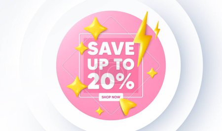 Illustration for Save up to 20 percent tag. Neumorphic promotion banner. Discount Sale offer price sign. Special offer symbol. Discount message. 3d stars with energy thunderbolt. Vector - Royalty Free Image