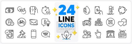 Illustration for Icons set of No alcohol, Qr code and Click hand line icons pack for app with Bicycle prohibited, Washing machine, Timer thin outline icon. Lamp, 360 degree, Smartphone pictogram. Vector - Royalty Free Image