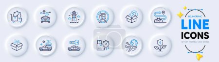Illustration for Car key, International flight and Return package line icons for web app. Pack of Journey, Food delivery, Delivery time pictogram icons. Eco power, Open box, Metro subway signs. Vector - Royalty Free Image