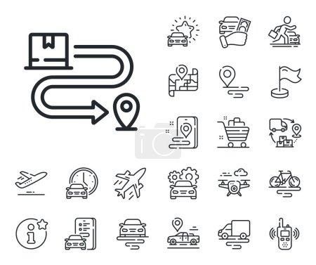 Illustration for Package location sign. Plane, supply chain and place location outline icons. Delivery service line icon. Tracking parcel symbol. Delivery service line sign. Taxi transport, rent a bike icon. Vector - Royalty Free Image