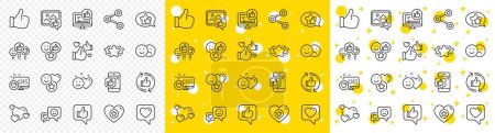 Illustration for Set - Share network, Social links and Rating linear icons. Social media line icons. Heart, Feedback smile emotion and internet media. Share network, like icon, video content rating and dislike. Vector - Royalty Free Image