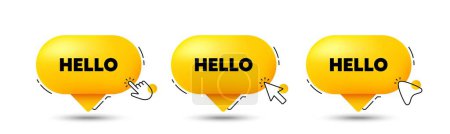 Illustration for Hello welcome tag. Click here buttons. Hi invitation offer. Formal greetings message. Hello speech bubble chat message. Talk box infographics. Vector - Royalty Free Image